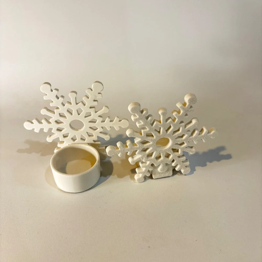 White Glitter Snowflake Tea Light Candle Holders Set of 2 Holiday Christmas